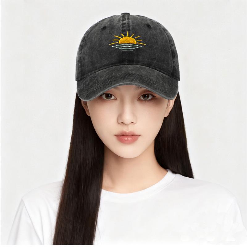 Unisex Vintage Washed Baseball Cap - Embroidered Beach Sunrise, Breathable & Sun Protective for Summer Outdoor Activities