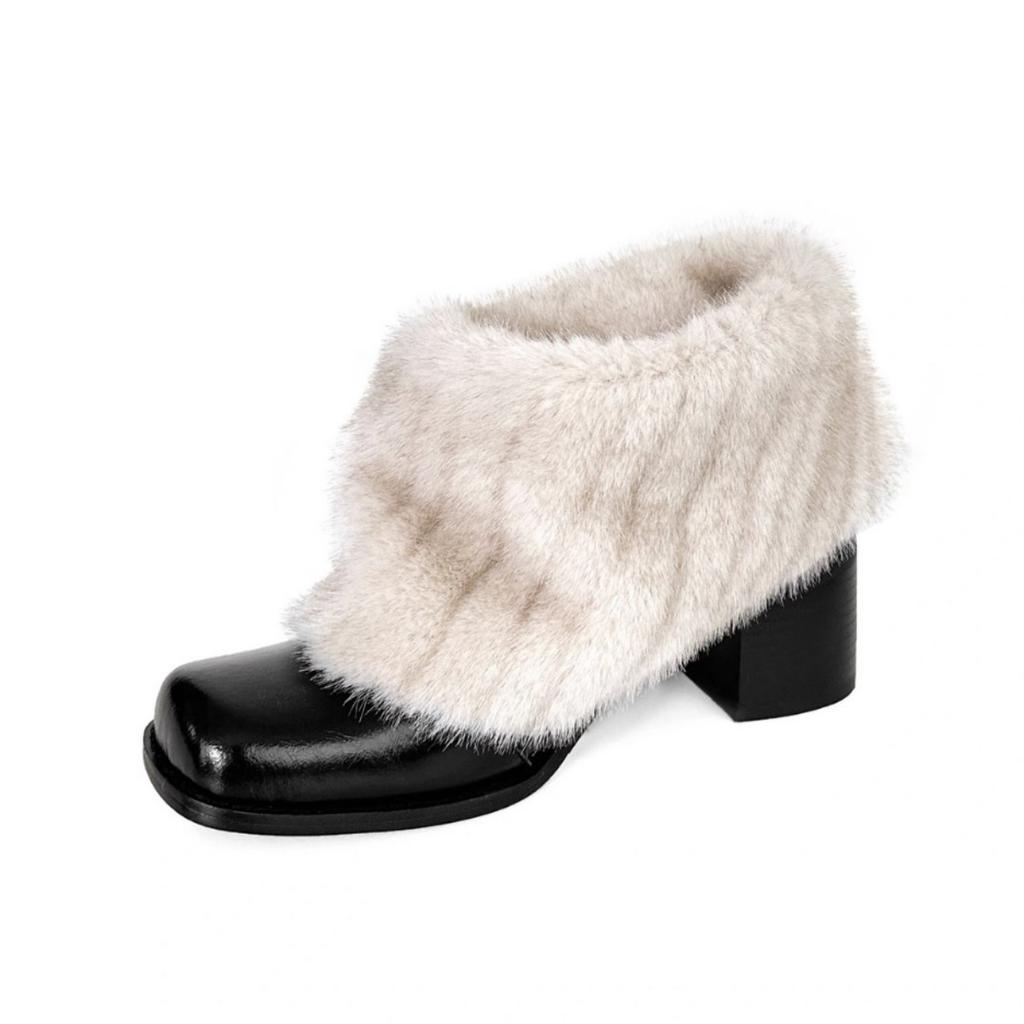 Thick heel square head gentle fluffy shoes female winter new French style with skirt fairy temperament velvet warm cotton shoes
