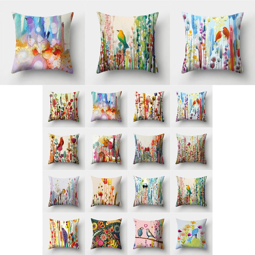 Vibrant Bird Flower Watercolor Pillow Case With Invisible Zipper For Modern Living Rooms