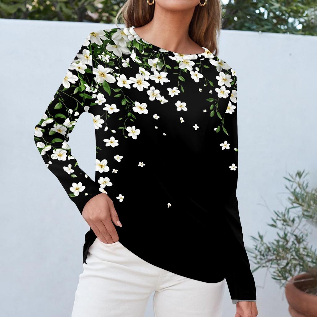 Women's Fashion Casual Round Neck Long Sleeve Printed T-shirt Top