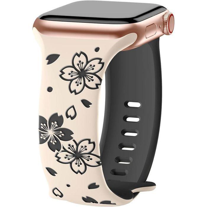 Bracelet pour Apple Watch Series Ultra 1/2/3, 11, 10, 9 8 SE 7 6 5 4 3 2 1 42mm-44mm-45mm-46mm-49mm Silicone Motif Fleur Blanc Noir