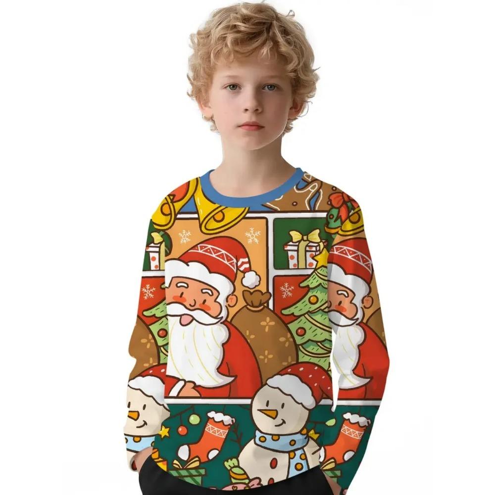Frühlings- und Herbst-Rundhals-3D-Weihnachtsdruck-T-Shirts Modische lässige langärmlige Kinder-Jungen-T-Shirts