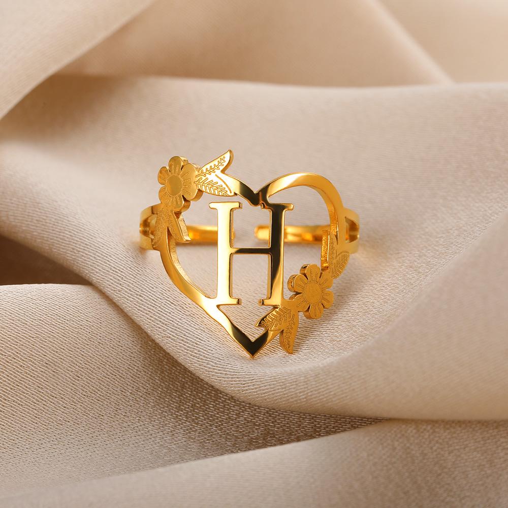 Stainless Steel Initials Flower Heart Rings Gold Color Adjustable Delicate Letter Leaf Rings For Women Girl Alphabet Jewelry KTJ