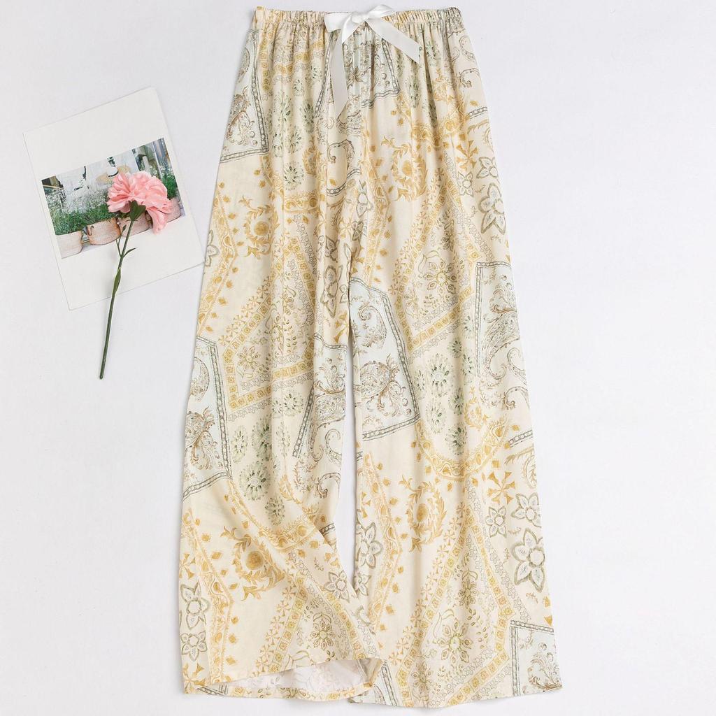 Women's Floral Cotton Silk Pajama Pants, Mosquito Repellent, Outdoor & Home Wear, Plus Size, Lightweight Summer Style.