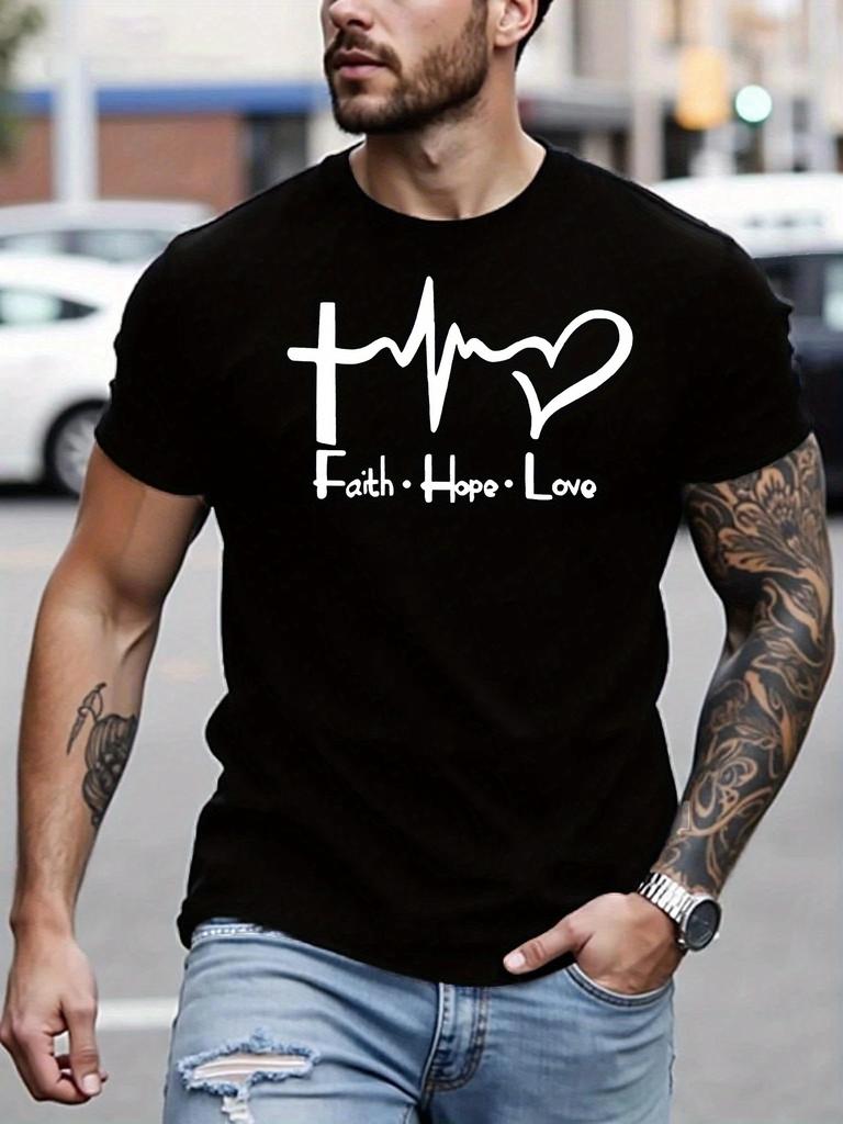 Faith Hope Love Letter Print T-shirt, Short Sleeve Crew Neck Casual Top for Summer & Spring, Men's Wear