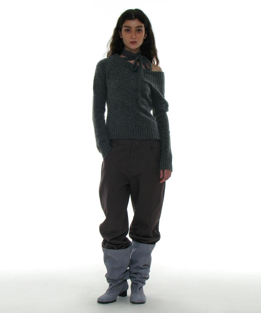 PARTIMENTO WOMEN Tie Neck Strap Asymmetrical Knit Top_Charcoal