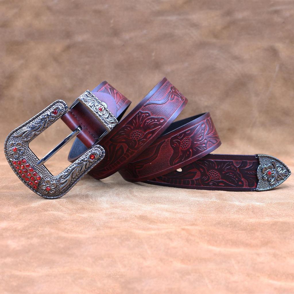 Men's Embossed Western Leather Belt - Retro Oiled Waxed Cowhide with Buckle