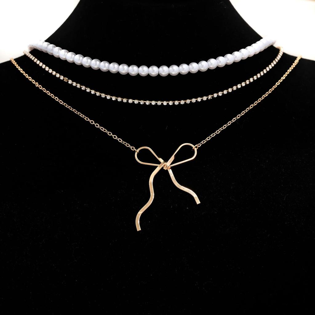 Jewelry Retro Imitation Pearl Multi-layer Chain Stacked Necklace Versatile Temperament Bow Collarbone Chain Women