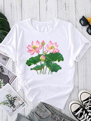 (Asian Size) Trend Flower Style Women's Clothing T Graphic Female Top O-neck Tee Fashion Print Casual Short Sleeve T-shirts