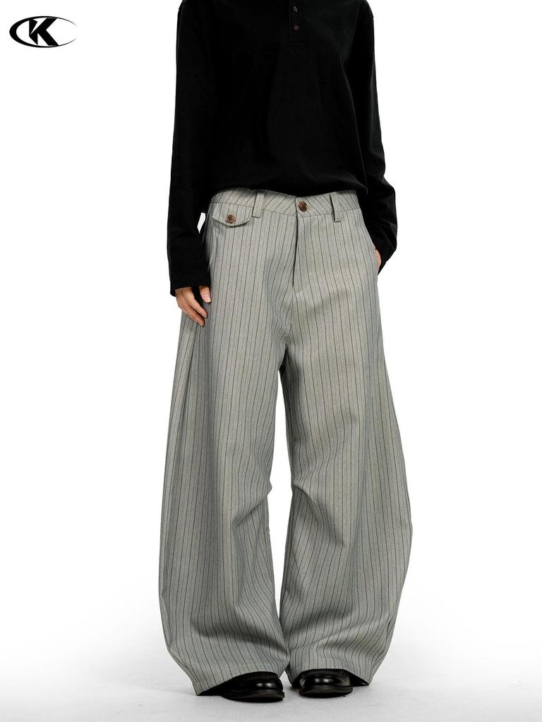 11KN Retro Gray Striped Wide-Leg Suit Pants for Men and Women - Versatile, Trendy, and Slimming Casual Wear