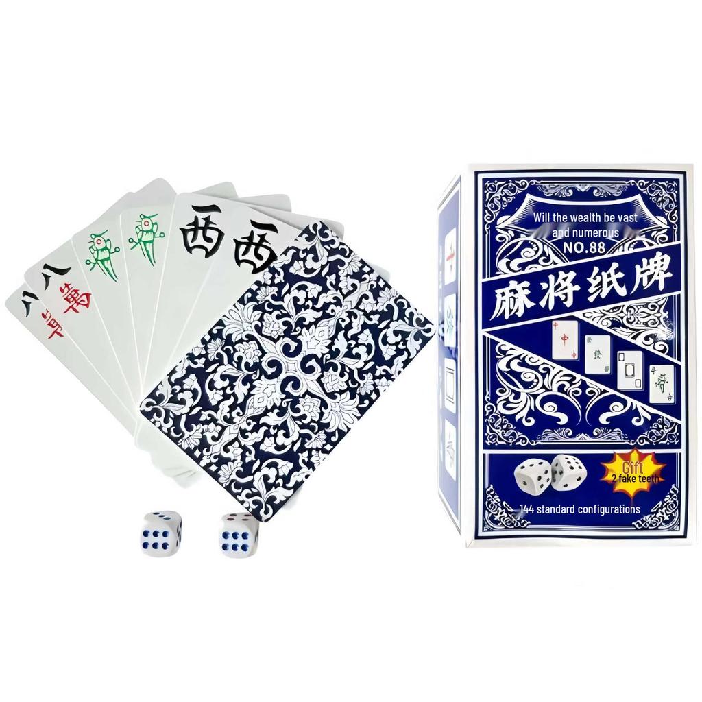 Portable Mahjong Card Set: Wide Version Thickened Paper with 144 Mahjong Poker Cards and Dice, Ideal for Home or Travel.