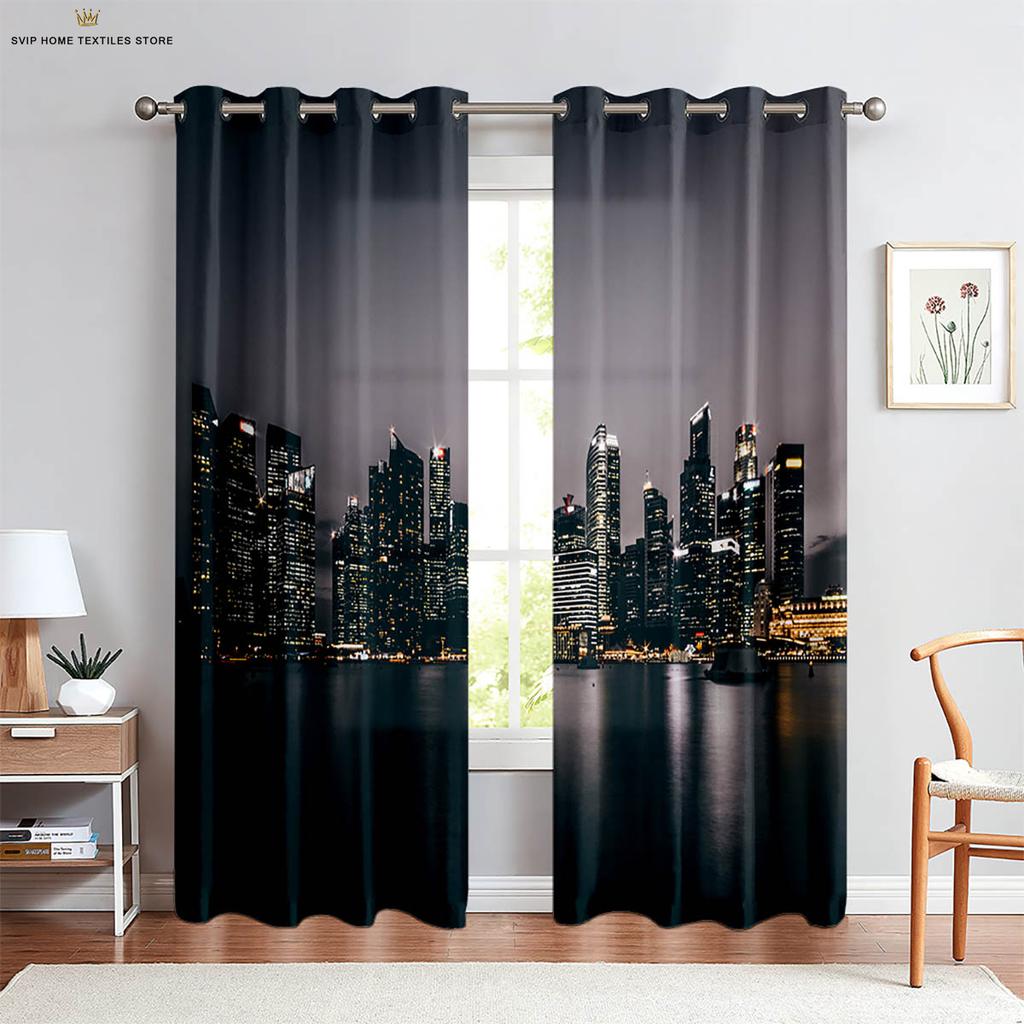 City Building 3D Printing Curtain, Night View Scenery, Bedroom, Living Room, Kitchen, Decorative, Easy To Wash and Care, 2 Pcs