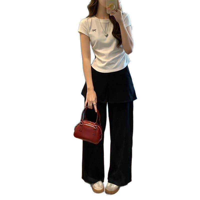 Women's Summer Petite Gray Embroidery Bow T-Shirt: Slim Fit, Straight Shoulder, Sweet & Spicy Short Sleeve Top