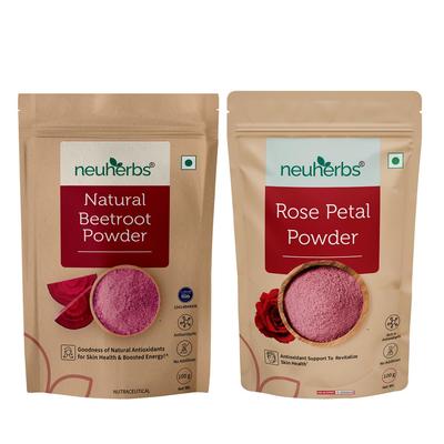 Neuherbs Natural Beetroot Powder and Rose Petal Powder Combo for Glowing Skin and Hair Care 100 G Each