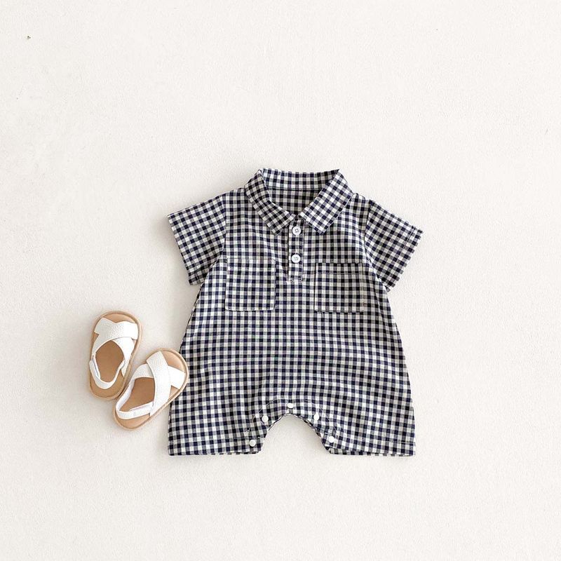 New Boys' Plaid Romper, Newborn Summer Pure Cotton Short-Sleeve Shirt, Baby Onesie, Thin Style