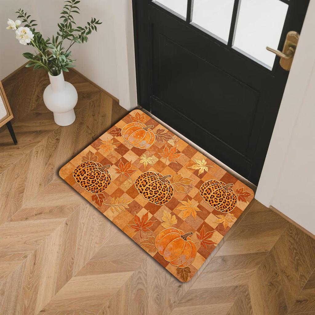 Fall Pumpkin Floor Mat Leopard Print Maple Leaf Checkered Pattern Anti‑Slip Washable Doormat Entryway Porch Home Decor