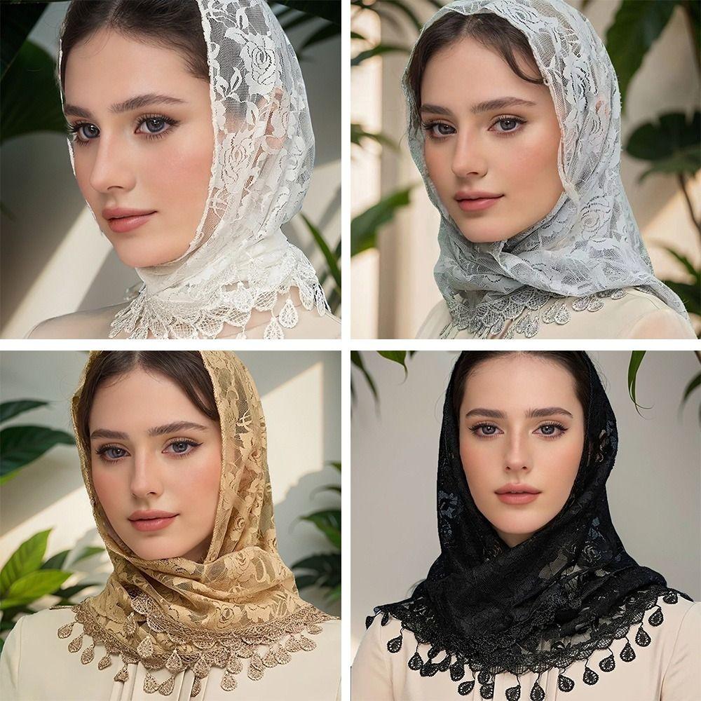 Embroidery Mantilla Veils Breathable Head Cover Vintage Tassels Lace Head Scarf Women Wedding