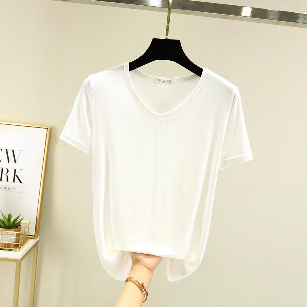 Women's Short-Sleeve Modal V-Neck White Ice Silk Loose T-Shirt