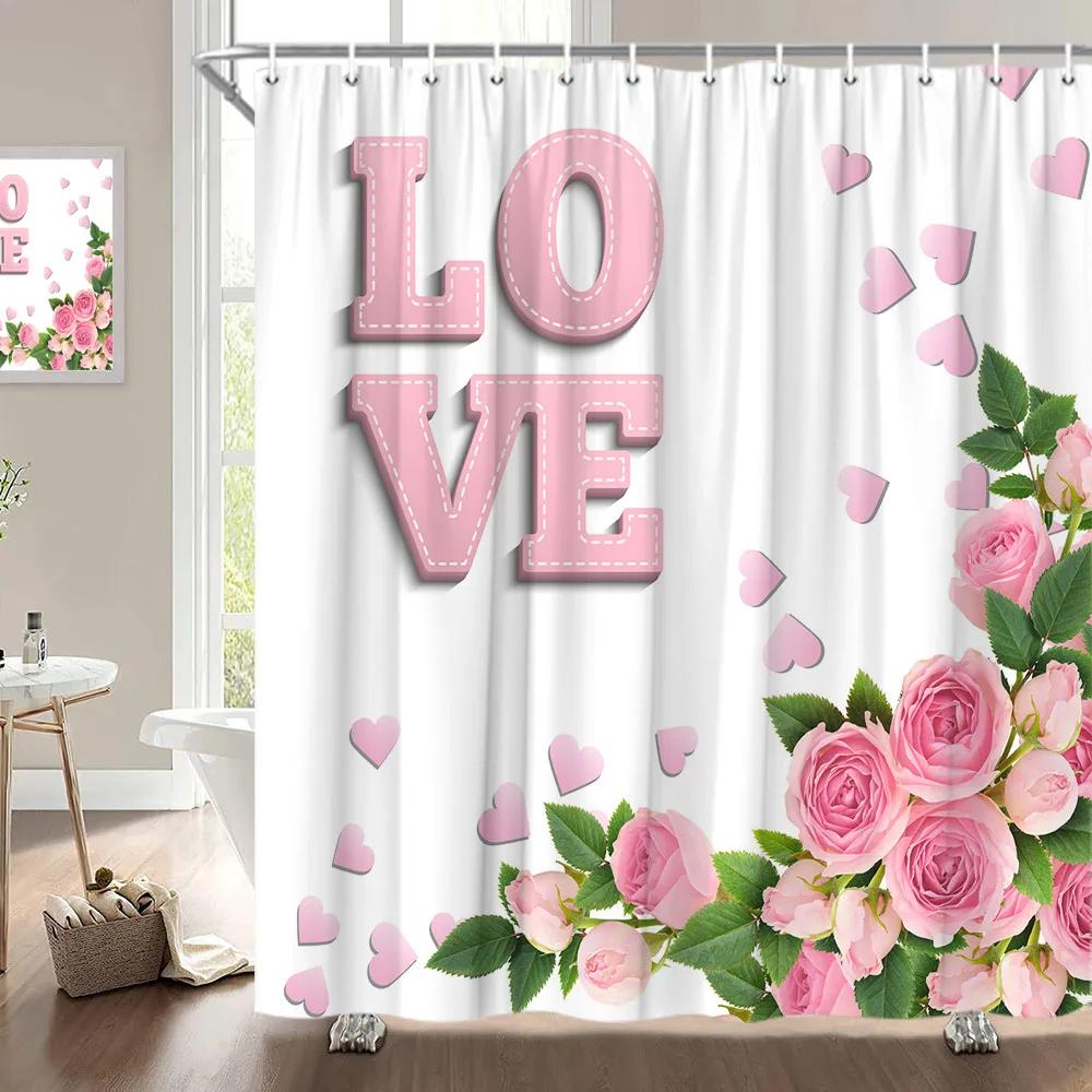 Alla hjärtans dag Duschdraperi, Rosblomma Hjärta Romantisk Växt Kärlek Läppstift Polyester Tryckt Tyg Badrumsdekoration
