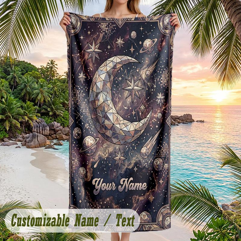 Cosmic Moon Mandala Art Theme Quick Dry Beach Towel Custom Name Text Print Large Sand Resistant Towel Beach Vacation