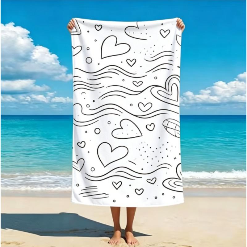Black White Heart Beach Towel, Microfiber Sand Free Quick Dry, Cute Doodle Print, Soft Absorbent For Summer Travel