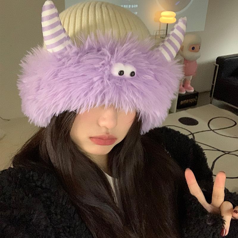 

Autumn and winter cute funny plush knitted hat children winter warm ear protection wool hat ear protection washbasin hat One size