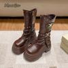 Plateau-Schuhe Runde Zehenpartie Dicke Sohle Umgeschlagener Schaft Schlabberig Gürtelschnalle Stiefel Klobiger Hoher Absatz Mid-Calf Stiefel Damenschuhe