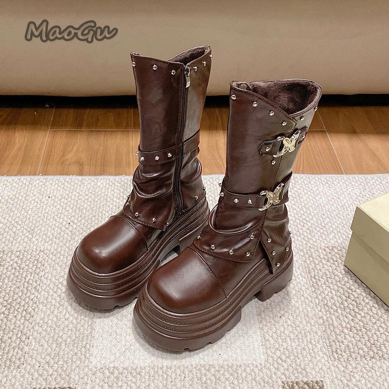Plateau-Schuhe Runde Zehenpartie Dicke Sohle Umgeschlagener Schaft Schlabberig Gürtelschnalle Stiefel Klobiger Hoher Absatz Mid-Calf Stiefel Damenschuhe