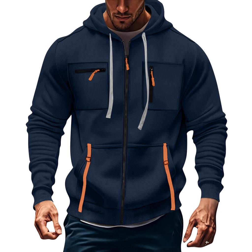 Men's Hoodie Sweatshirt Pocket Decoration Men's Full Zip Solid Color Sweatshirt