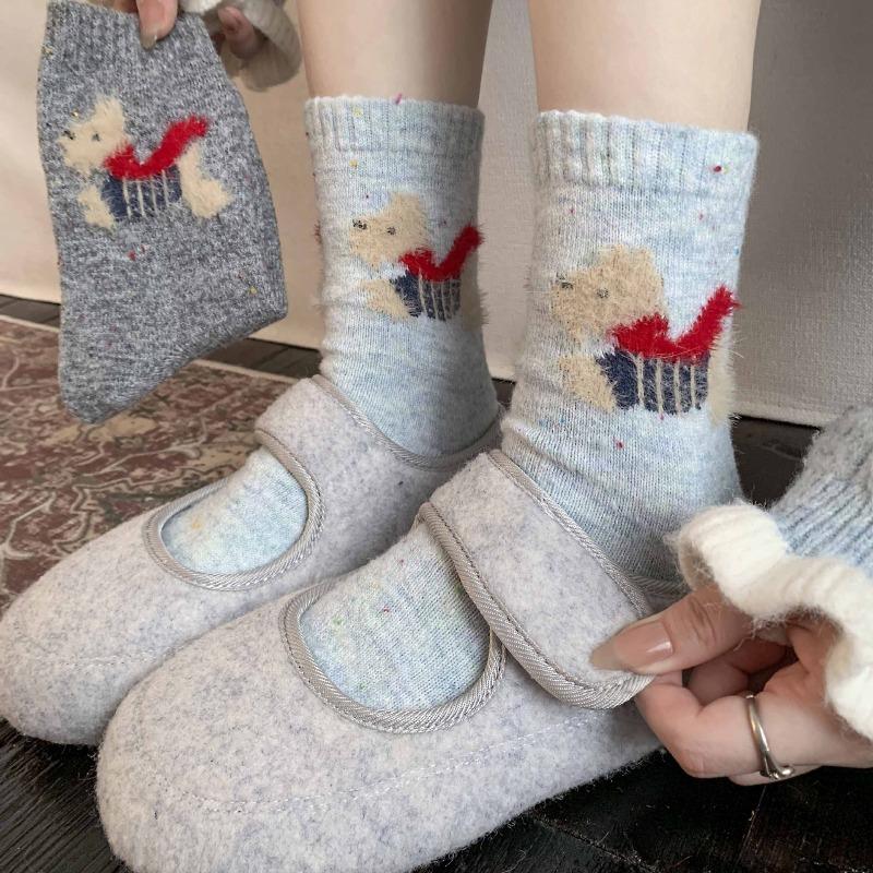 Thick and Warm Women's Socks Featuring Cartoon Dogs. Winter and Autumn Style. Wool with Yarn Dots. Mid-calf Length Socks.