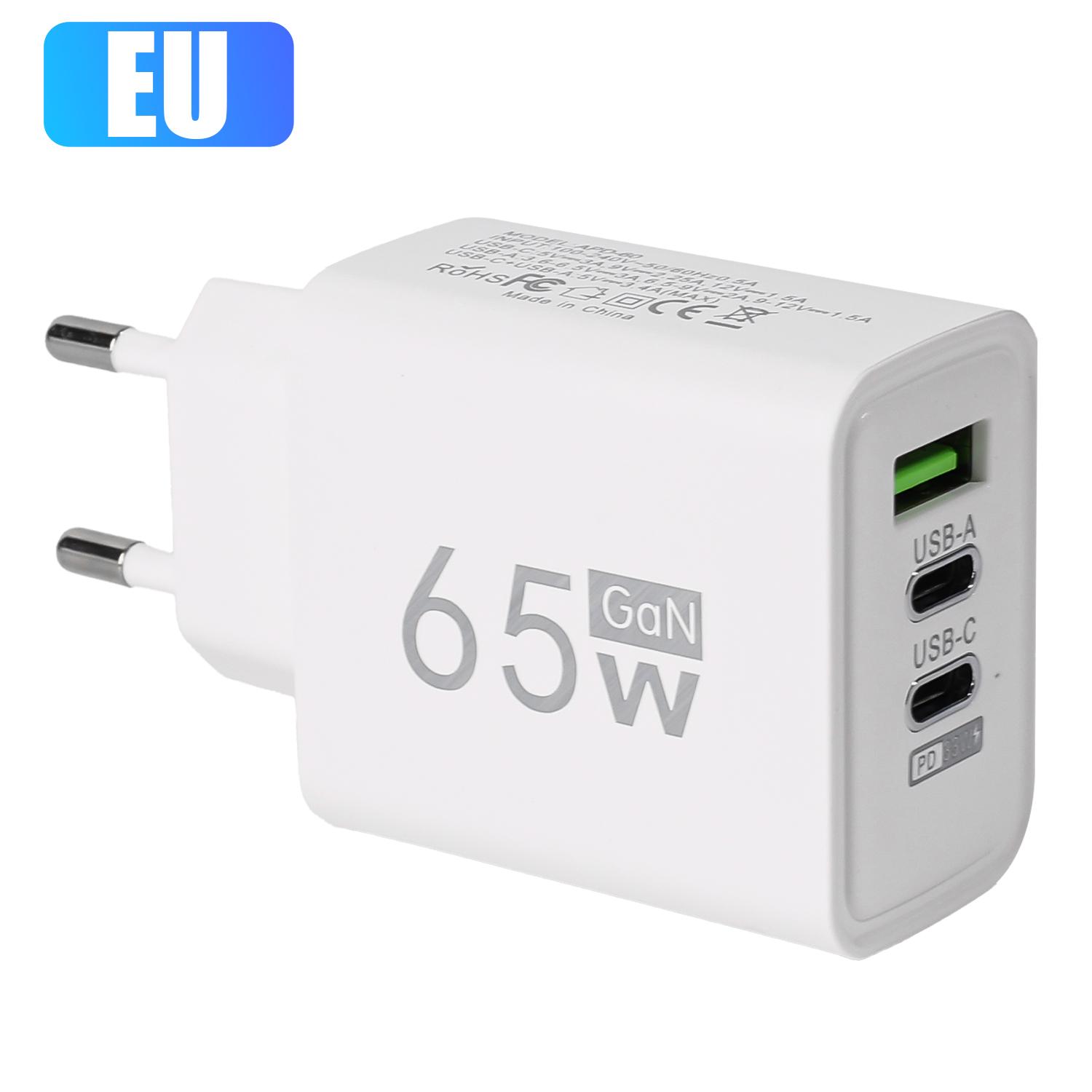 

Зарядное устройство USB C 65 Вт GaN Зарядное устройство для быстрой зарядки PD Quick Charge 3.0 Type C Адаптер с вилкой EU UK для Samsung IPhone Xiaomi Oppo EU-White