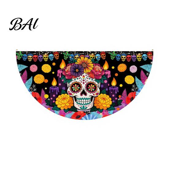 Sugar Skull Fan Flag Day of The Dead Bunting Banner, Marigold Print Fiesta Mexican Festival Home Ornament Hanging Flag, Colorful Outdoor Yard