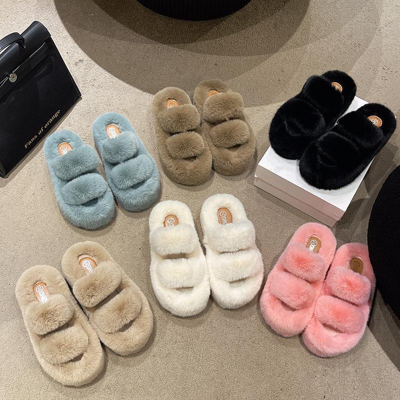 Thick bottom heightening fluffy slippers women's outer wear 2025 new autumn and winter fashion muffin plush one-word cotton mop