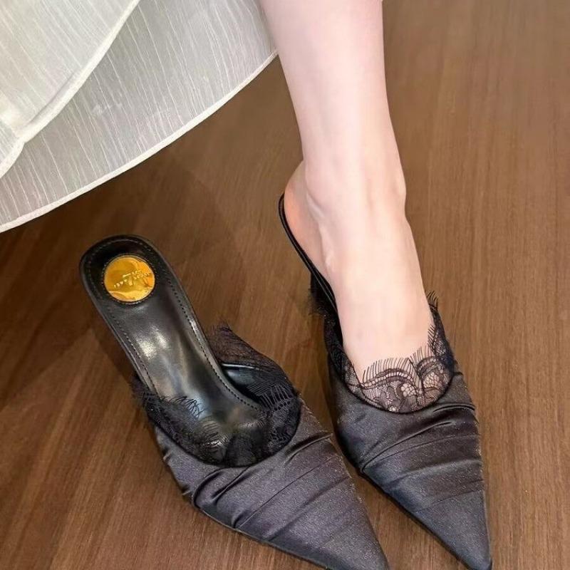 Fashion Spring New Baotou Slippers Women Fashion Pointy Folds Lace Shallow Mouth Slip-on Anti-slip Wear-resistant High Heels