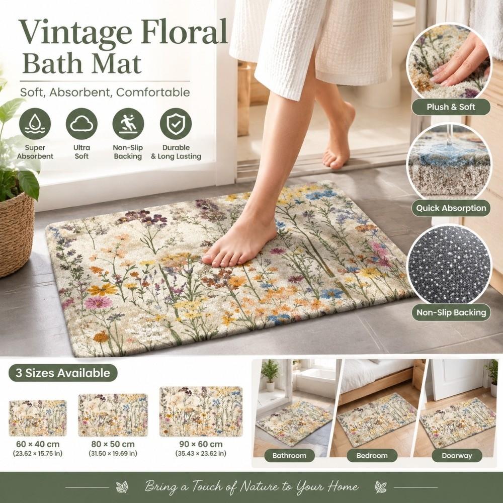 Anti Slip Retro Floral Floor Mat Water Absorbent Floor Blanket Wildflower Doormat Rug Bathroom