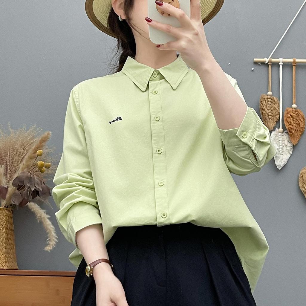 Women's Long Sleeve Embroidered Cotton Shirt - Candy Color, High Quality, Versatile Loose Fit Casual Top