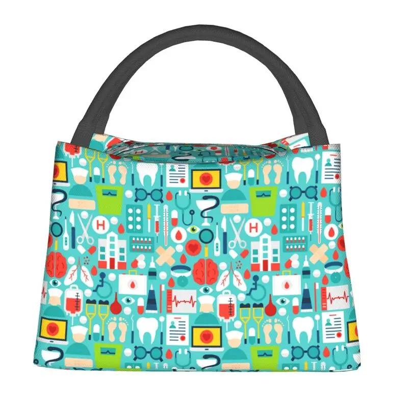 Nurse Nursing Tool Pattern Insulated Lunch Bag for Work Office Resuable Thermal Cooler Bento Box Women