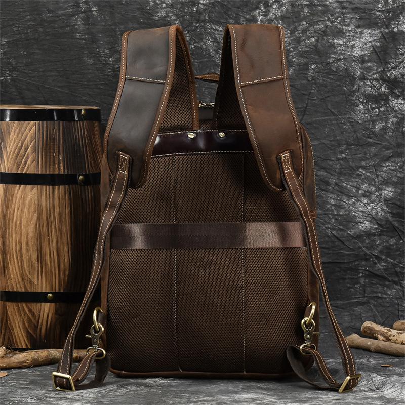 Men'S Genuine Leather Backpack Crazy Horse Leather Retro Flip Backpack First Layer Cowhide Student Schoolbag Going Out Travel Bag