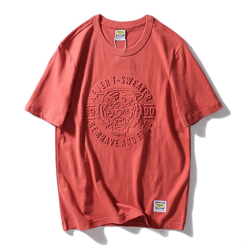 Tiger Head Cut Label Amekaji Retro Short Sleeve T-Shirt Lychee Red M