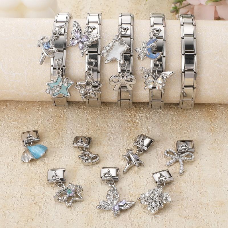 Luxury Pearl Zircon Star Moon Flower Shell Butterfly Pendant Italian Charm Link Fit 9mm Bracelet Stainless Steel DIY Making Gift