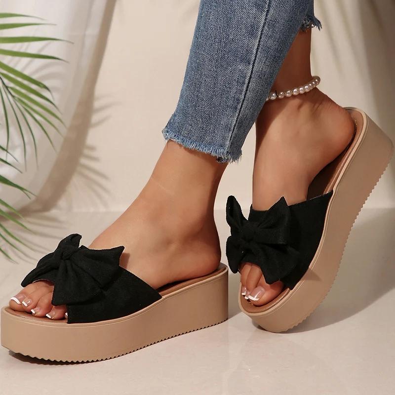 Módní Elegantní Mašle Dámské Robustní Platformové Pantofle Léto Protiskluzové Sandály s Otevřenou Špičkou Žena Plus Size Semiš Tlustá Podrážka Nazouváky Dáma