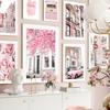 Pink Paris Building Car Cherry Blossom Rose Wall Art Canvas Painting Nordic Landscape Posters Prints Pictures Living Room Decor