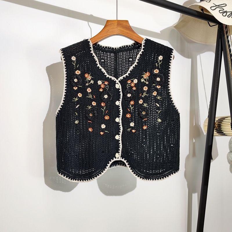 Short Sleeveless Embroidered Knitted Vest for Spring and Summer Fashionable Hollowed-out Crocheted Top Cardigan for Spring and Autumn