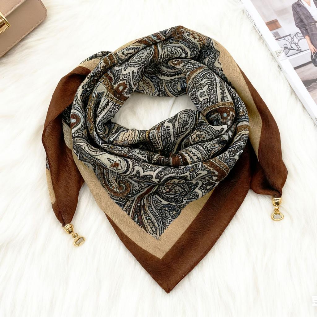 Magnetic buckle cotton and linen small square scarf silk scarf women's spring and autumn versatile neck protection scarf triangular scarf new warm sca