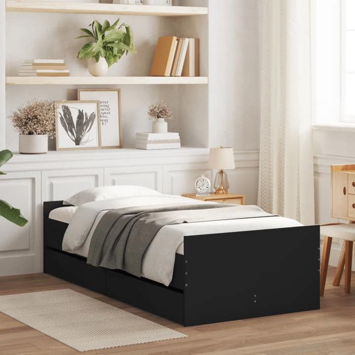 VidaXL Bed Frames with Drawers, Single Bed with Slat Base, Adult Bedroom Bed, Modern, Black 75x190 Cm Wood 3207386