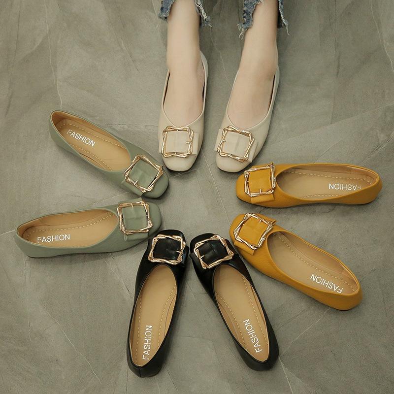 Flat single shoes women's ladyshoes new trendy shoes versatile square head soft sole shallow mouth autumn grandma shoes Doudou shoes