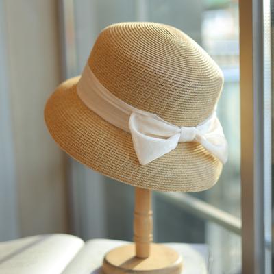 Retro Lampshade Straw Hat Women's Summer Veil Bow Small Brim Sunscreen Hat Fine Straw Beach Sunshade Bucket Hat