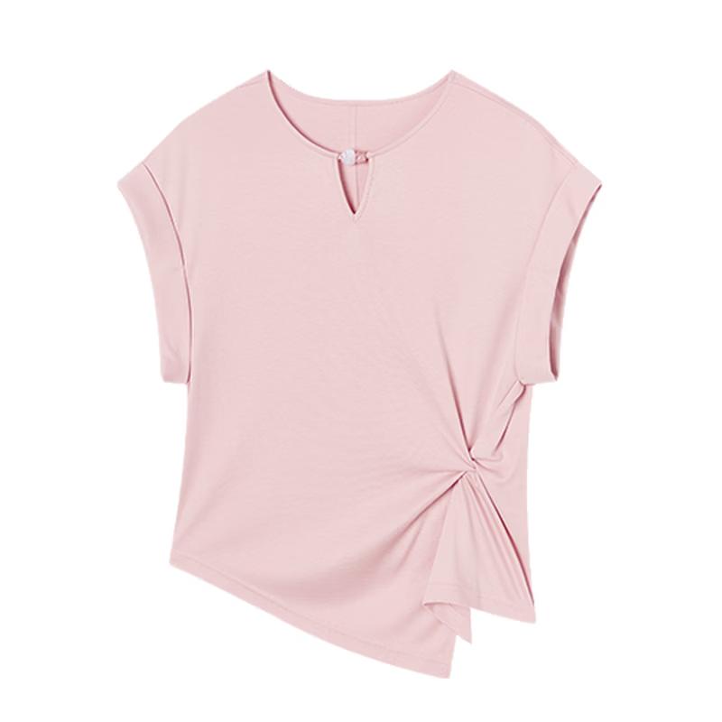 Xiangying Women s Round Neck Cutout Lyocell Blend Short Sleeve Top M