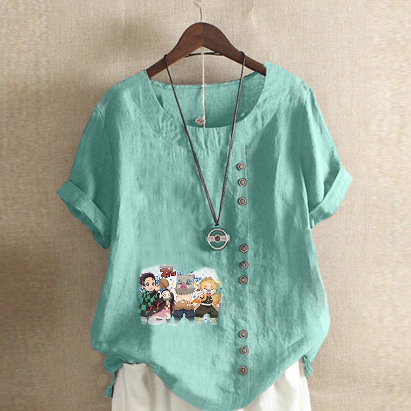 Women's Fashion Round Neck Short Sleeve T-shirt Casual Cotton Linen Graphic Shirt Leisure Loose Cartoon Characters Prined Summer Blouse Tops