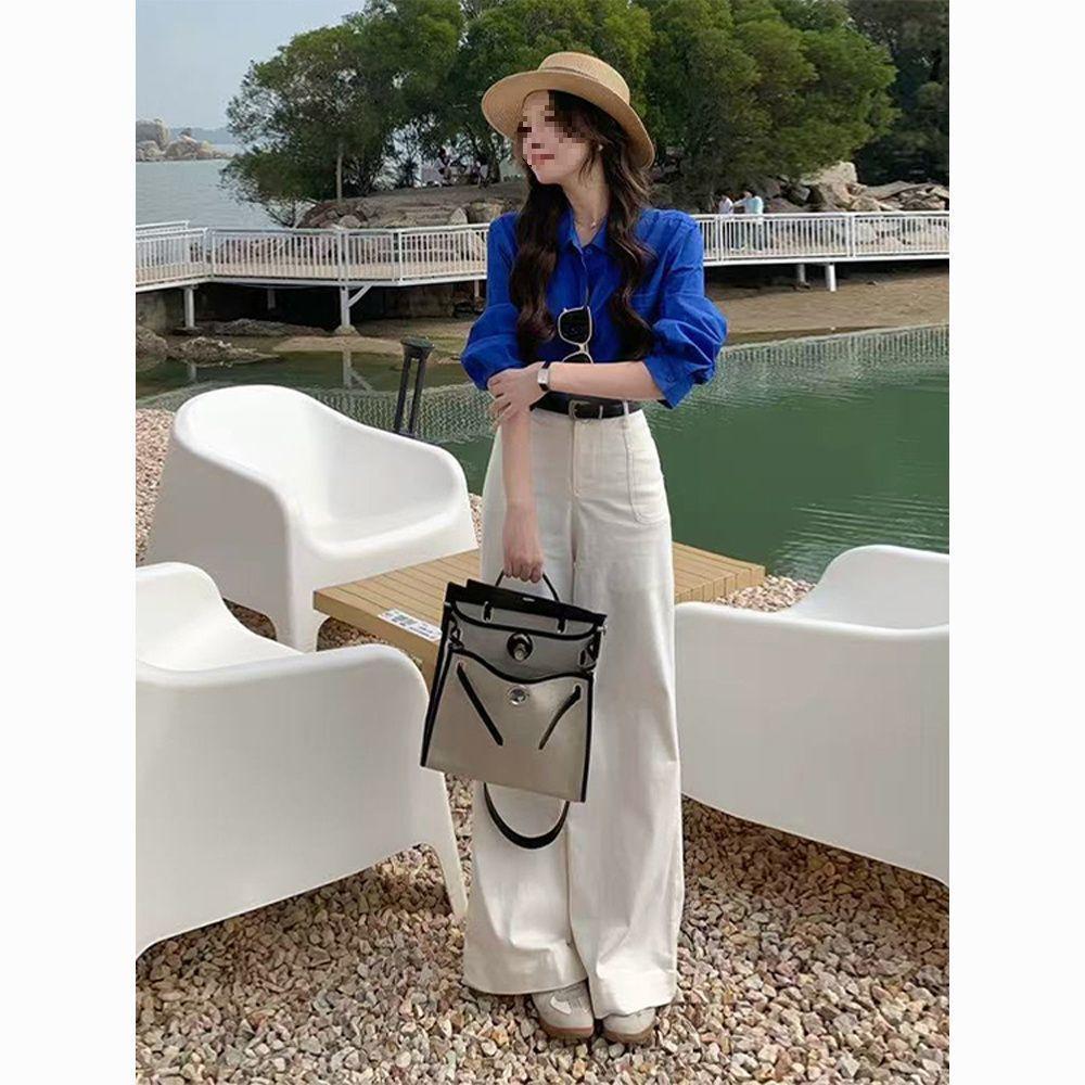 

Women s Korean Style Jeans & Long Sleeve Shirt Two-Piece Set S [up to 95 lbs]
